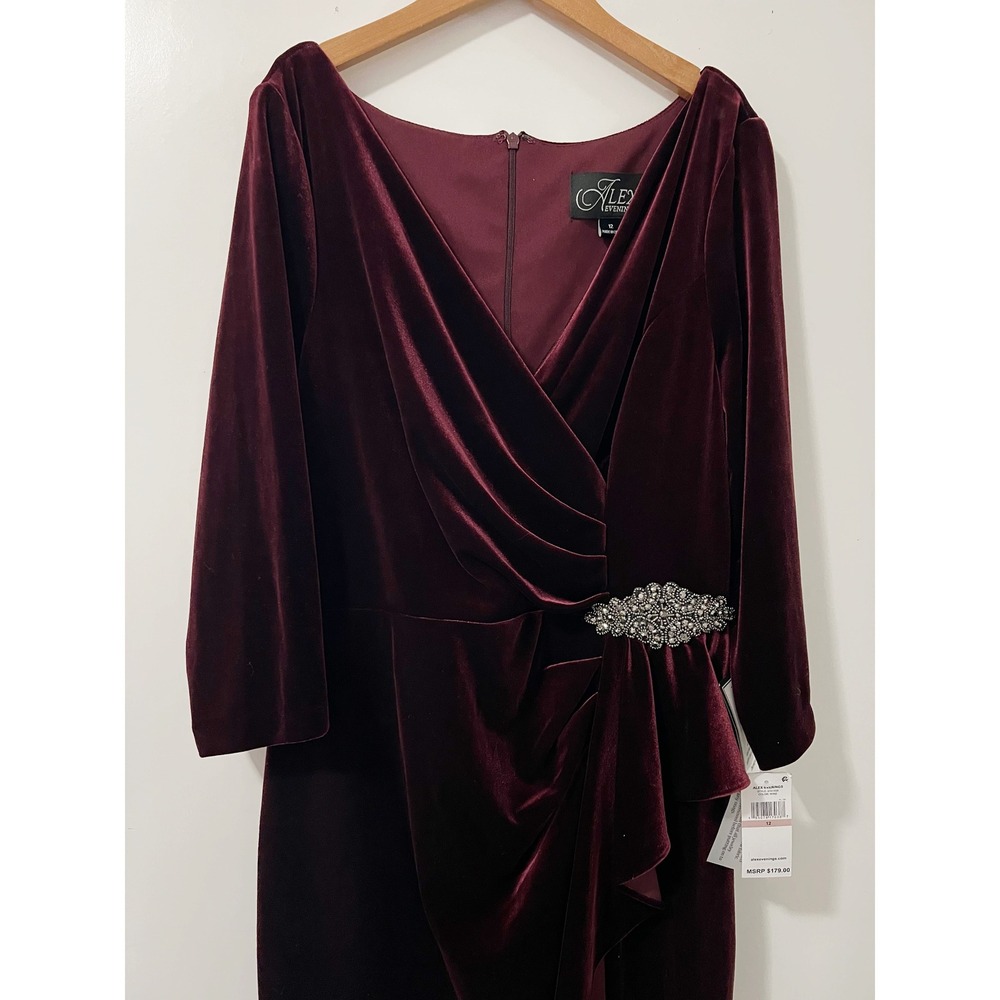 Alex Evenings Velvet Ruched Embellished Sheath Dress Burgundy Size 12 - Picture 4 of 10